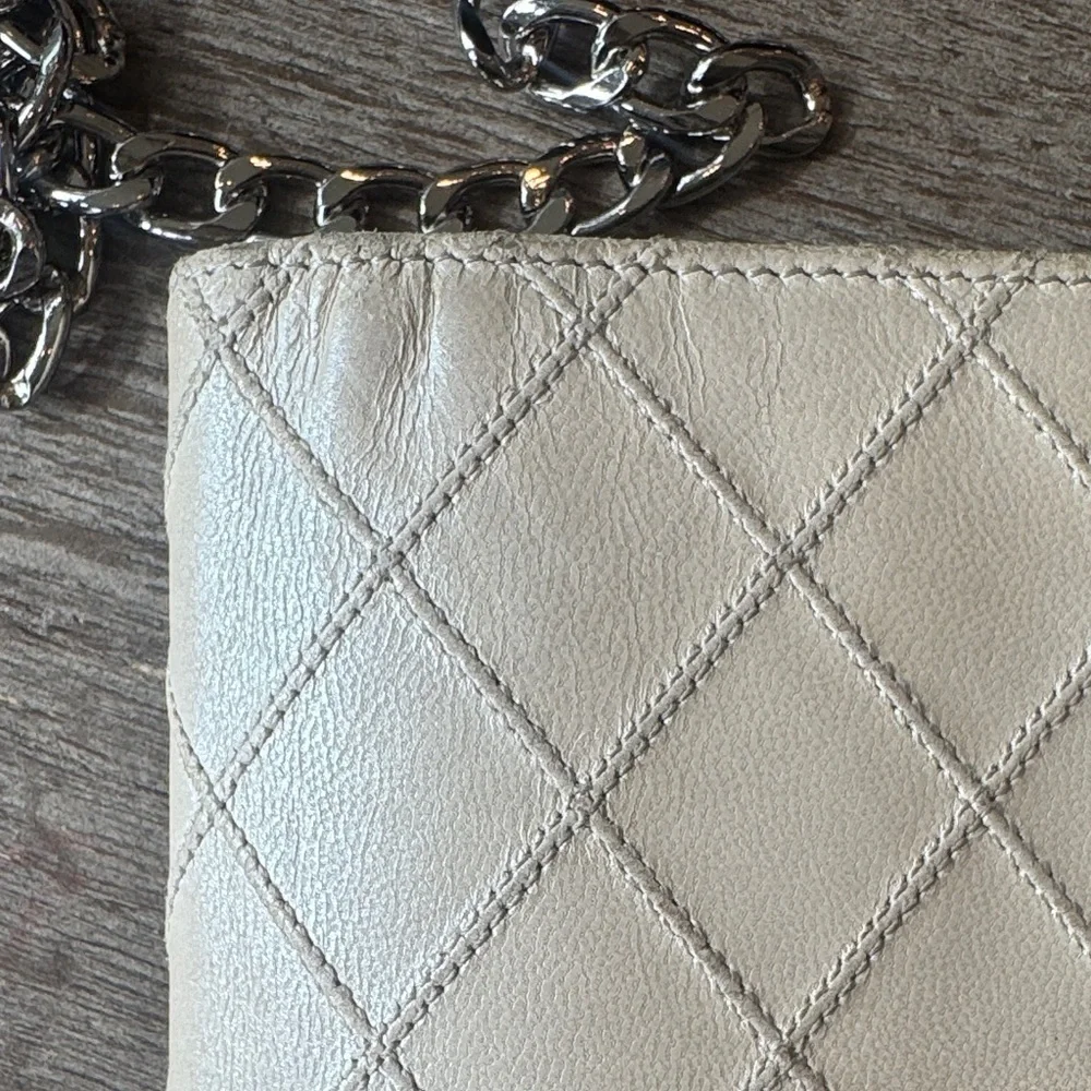 CHANEL Quilted Card Case Wallet in Beige Leather with Silver CC